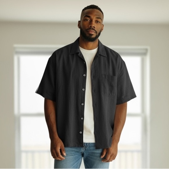 VAN HUESEN  XXL Washed Black Linen Rayon Camp Shirt R $56 - Picture 1 of 6